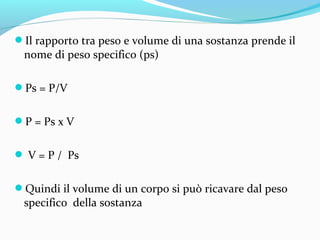 Il rapporto tra peso e volume di una sostanza prende il

nome di peso specifico (ps)

Ps = P/V
P = Ps x V
 V = P / Ps
Quindi il volume di un corpo si può ricavare dal peso

specifico della sostanza

 