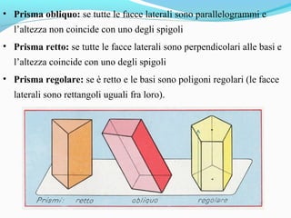 • Prisma obliquo: se tutte le facce laterali sono parallelogrammi e
l’altezza non coincide con uno degli spigoli
• Prisma retto: se tutte le facce laterali sono perpendicolari alle basi e
l’altezza coincide con uno degli spigoli
• Prisma regolare: se è retto e le basi sono poligoni regolari (le facce
laterali sono rettangoli uguali fra loro).

 