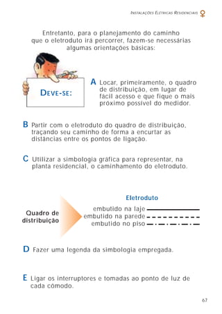 INSTALAÇÕES ELÉTRICAS RESIDENCIAIS
67
embutido na laje
embutido na parede
embutido no piso
Eletroduto
DEVE-SE:
A Locar, primeiramente, o quadro
de distribuição, em lugar de
fácil acesso e que fique o mais
próximo possível do medidor.
B Partir com o eletroduto do quadro de distribuição,
traçando seu caminho de forma a encurtar as
distâncias entre os pontos de ligação.
C Utilizar a simbologia gráfica para representar, na
planta residencial, o caminhamento do eletroduto.
D Fazer uma legenda da simbologia empregada.
E Ligar os interruptores e tomadas ao ponto de luz de
cada cômodo.
Quadro de
distribuição
Entretanto, para o planejamento do caminho
que o eletroduto irá percorrer, fazem-se necessárias
algumas orientações básicas:
 
