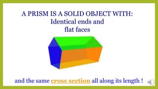 A PRISM IS A SOLID OBJECT WITH:
Identical ends and
flat faces
and the same cross section all along its length !
 