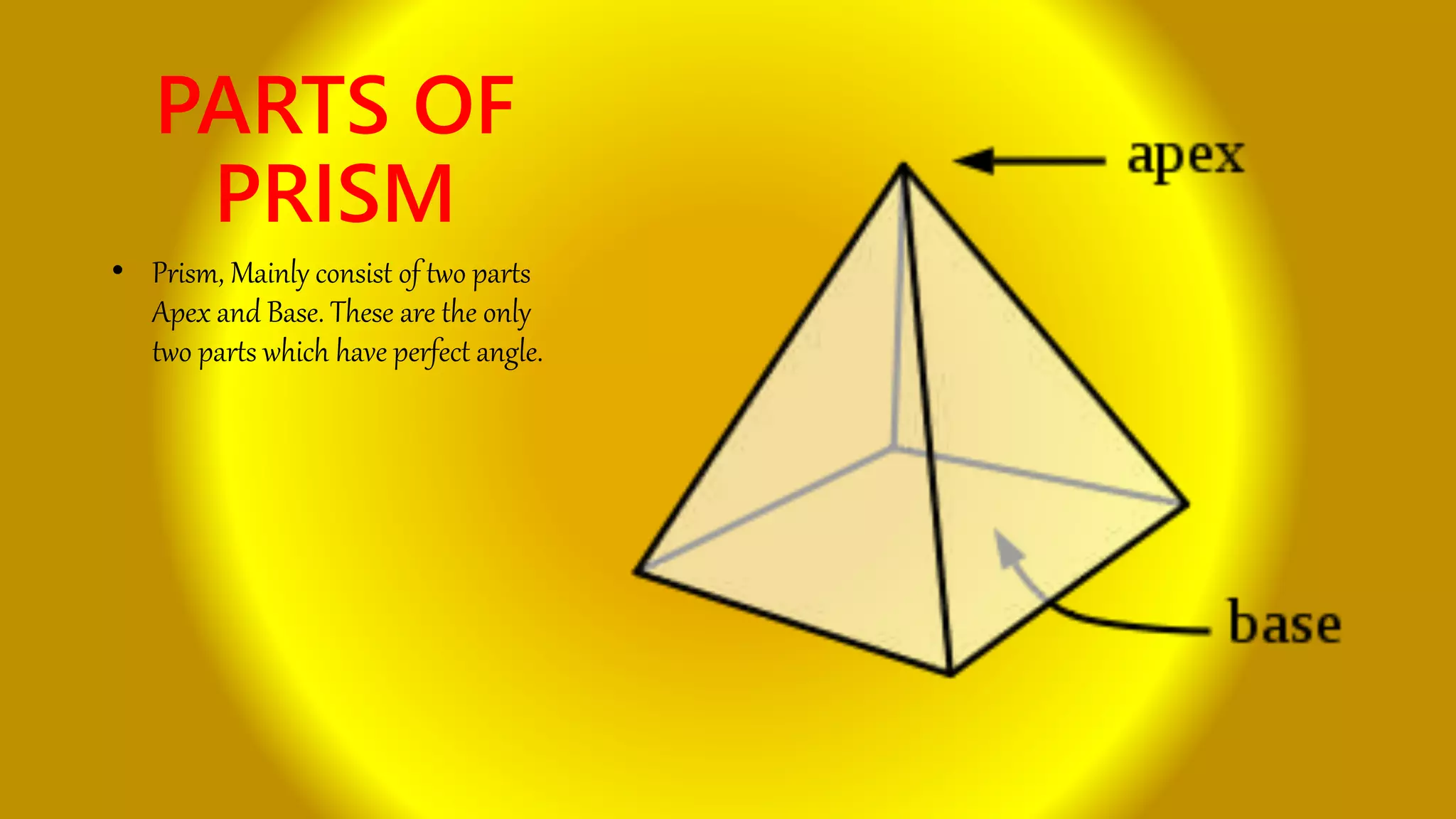 PARTS OF
PRISM
• Prism, Mainly consist of two parts
Apex and Base. These are the only
two parts which have perfect angle.
 