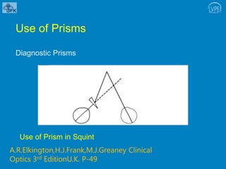 Use of Prisms
Diagnostic Prisms
Use of Prism in Squint
A.R.Elkington,H.J.Frank,M.J.Greaney Clinical
Optics 3rd EditionU.K. P-49
 