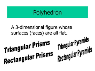 Polyhedron A 3-dimensional figure whose surfaces (faces) are all flat. Rectangular Prisms Triangular Prisms Triangular Pyramids Rectangular Pyramids 