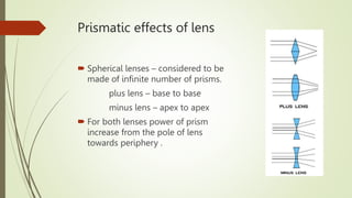 Prismatic effects of lens
 Spherical lenses – considered to be
made of infinite number of prisms.
plus lens – base to base
minus lens – apex to apex
 For both lenses power of prism
increase from the pole of lens
towards periphery .
 