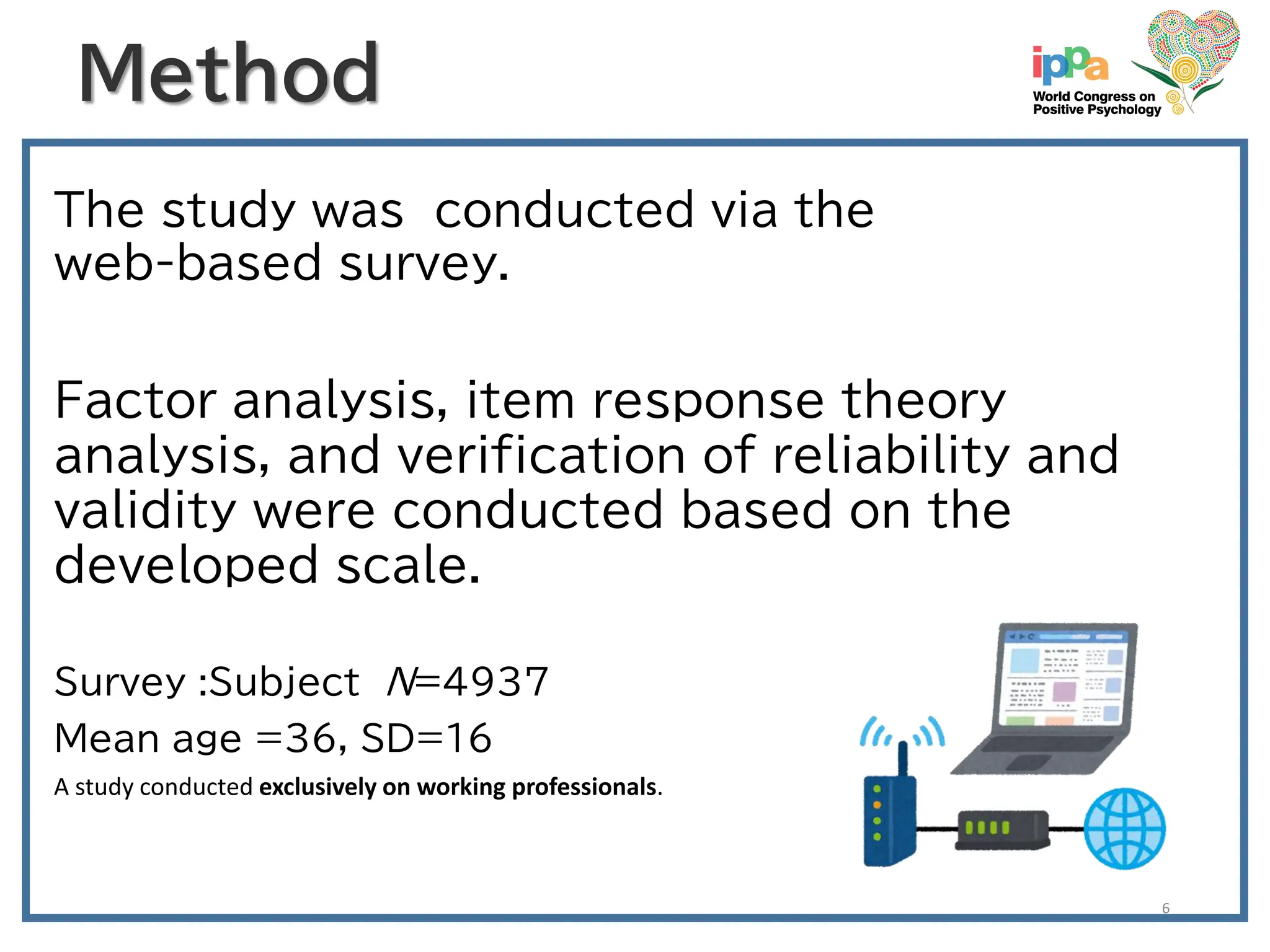 The study was conducted via the
web-based survey.
Factor analysis, item response theory
analysis, and verification of reliability and
validity were conducted based on the
developed scale.
Survey :Subject N=4937
Mean age =36, SD=16
A study conducted exclusively on working professionals.
6
Method
 