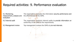 Required activities: 9. Performance evaluation
9.1 Monitoring,
measurement, analysis and
evaluation
The organization evaluates the information security performance and
the effectiveness of the ISMS.
9.2 Internal audit The organization conducts internal audits to provide information on
conformity of the ISMS to the requirements.
9.3 Management review Top management reviews the ISMS at planned intervals.
32
 
