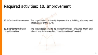 Required activities: 10. Improvement
10.1 Continual improvement The organization continually improves the suitability, adequacy and
effectiveness of the ISMS.
10.2 Nonconformity and
corrective action
The organization reacts to nonconformities, evaluates them and
takes corrections as well as corrective actions if needed.
33
 