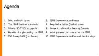 Agenda
2
1. Intro and main terms
2. The ISMS family of standards
3. Why is ISO 27001 so popular?
4. Benefits of implementi...