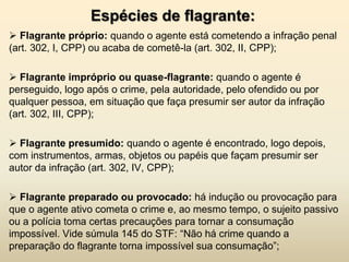 Espécies de flagrante:
 Flagrante próprio: quando o agente está cometendo a infração penal
(art. 302, I, CPP) ou acaba de cometê-la (art. 302, II, CPP);

 Flagrante impróprio ou quase-flagrante: quando o agente é
perseguido, logo após o crime, pela autoridade, pelo ofendido ou por
qualquer pessoa, em situação que faça presumir ser autor da infração
(art. 302, III, CPP);

 Flagrante presumido: quando o agente é encontrado, logo depois,
com instrumentos, armas, objetos ou papéis que façam presumir ser
autor da infração (art. 302, IV, CPP);

 Flagrante preparado ou provocado: há indução ou provocação para
que o agente ativo cometa o crime e, ao mesmo tempo, o sujeito passivo
ou a polícia toma certas precauções para tornar a consumação
impossível. Vide súmula 145 do STF: “Não há crime quando a
preparação do flagrante torna impossível sua consumação”;
 