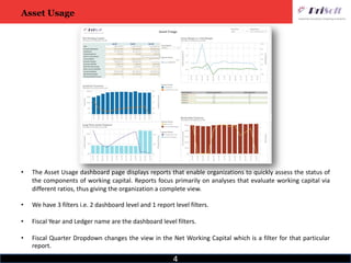 4
Asset Usage
• The Asset Usage dashboard page displays reports that enable organizations to quickly assess the status of
the components of working capital. Reports focus primarily on analyses that evaluate working capital via
different ratios, thus giving the organization a complete view.
• We have 3 filters i.e. 2 dashboard level and 1 report level filters.
• Fiscal Year and Ledger name are the dashboard level filters.
• Fiscal Quarter Dropdown changes the view in the Net Working Capital which is a filter for that particular
report.
 