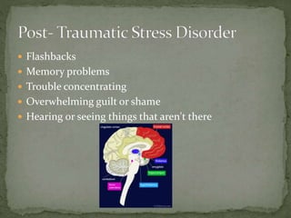  Flashbacks
 Memory problems
 Trouble concentrating
 Overwhelming guilt or shame
 Hearing or seeing things that aren't there
 