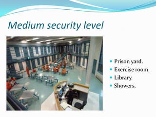 Medium security level


                         Prison yard.
                         Exercise room.
                         Library.
                         Showers.
 