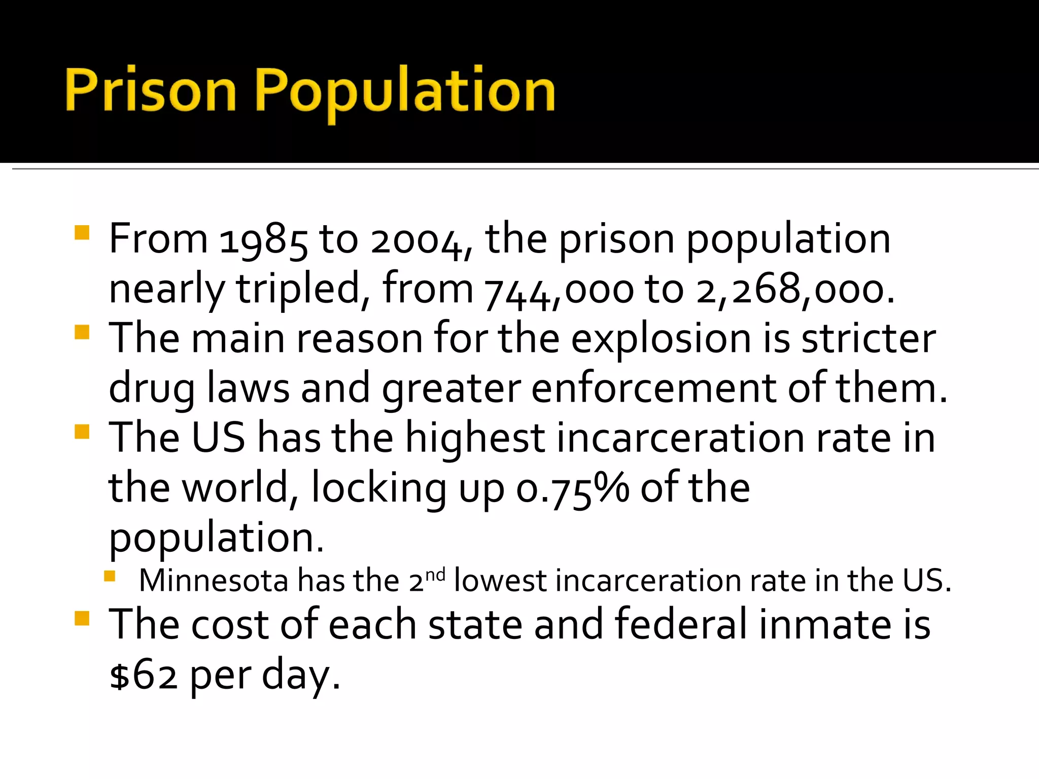 From 1985 to 2004, the prison population nearly tripled, from 744,000 to 2,268,000.  The main reason for the explosion is stricter drug laws and greater enforcement of them. The US has the highest incarceration rate in the world, locking up 0.75% of the population . Minnesota has the 2 nd  lowest incarceration rate in the US. The cost of each state and federal inmate is $62 per day. 