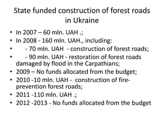 State funded construction of forest roads
in Ukraine
• In 2007 – 60 mln. UAH .;
• In 2008 - 160 mln. UAH., including:
• - 70 mln. UAH - construction of forest roads;
• - 90 mln. UAH - restoration of forest roads
damaged by flood in the Carpathians;
• 2009 – No funds allocated from the budget;
• 2010 -10 mln. UAH - construction of fire-
prevention forest roads;
• 2011 -110 mln. UAH .;
• 2012 -2013 - No funds allocated from the budget
 