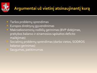 Argumentai už vietinį atsinaujinantį kurą Taršos problemų sprendimas Europos direktyvų įgyvendinimas Makroekonominių rodiklių gerinimas (BVP didėjimas, prekybos balanso ir einamosios sąskaitos deficito mažėjimas)  Socialinių problemų sprendimas (darbo vietos, SODROS balanso gerinimas) Saugumas, patikimumas 