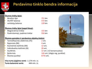 Šilumos tinklų ilgiai: Bendras ilgis 711  km VE/VŠT balanse 572  km vartotojų balanse 139  km Šilumos tinklų ilgiai (pagal klasę): Magistraliniai tinklai 155  km Paskirstomieji, įvadiniai tinklai 556  km Šilumos gamybos ir perdavimo objektų kiekiai: Termofikacinės elektrinės (TE) 2  vnt. Rajoninės (RK) 4  vnt. Kvartalinės katilinės (KK) 12  vnt. Individualios katilinės (IK) 28  vnt. Siurblinės 12  vnt. (+2 konservuotos) Boilerinės 144  vnt. (slėgio reg. punktai) Šilumos punktai 6776  vnt. Viso turto  įsigijimo  vert ė:  1.174 mln. Lt. Turto balansinė vertė:   444 mln. Lt. 