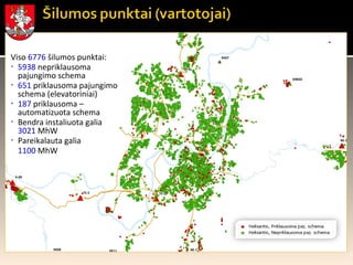 Viso   6776   šilumos punktai: 5938   nepriklausoma pajungimo schema 651   priklausoma pajungimo schema (elevatoriniai) 187  priklausoma – automatizuota schema Bendra instaliuota galia   3021   MhW Pareikalauta galia 1100   MhW 
