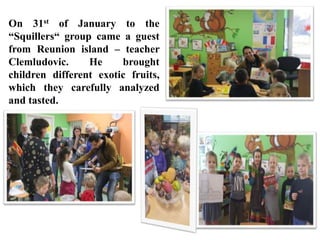 On 31st of January to the
“Squillers“ group came a guest
from Reunion island – teacher
Clemludovic. He brought
children different exotic fruits,
which they carefully analyzed
and tasted.
 