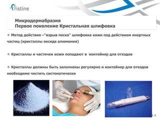 Микродермабразия
Первое поколение Кристальная шлифовка
 Метод действия –"взрыв песка" шлифовка кожи под действием инертных
частиц (кристаллы оксида алюминия)
 Кристаллы и частички кожи попадают в контейнер для отходов
 Кристаллы должны быть заполнены регулярно и контейнер для отходов
необходимо чистить систематически
 