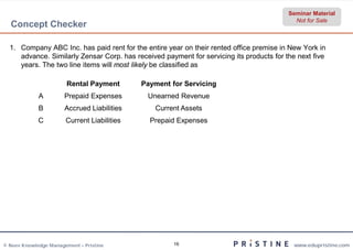 Seminar Material
                                                                                            Not for Sale
  Concept Checker

  1. Company ABC Inc. has paid rent for the entire year on their rented office premise in New York in
     advance. Similarly Zensar Corp. has received payment for servicing its products for the next five
     years. The two line items will most likely be classified as

                        Rental Payment       Payment for Servicing
             A         Prepaid Expenses       Unearned Revenue
             B         Accrued Liabilities      Current Assets
             C         Current Liabilities     Prepaid Expenses
                                                     d




© Neev Knowledge Management – Pristine                16                                   www.edupristine.com
 