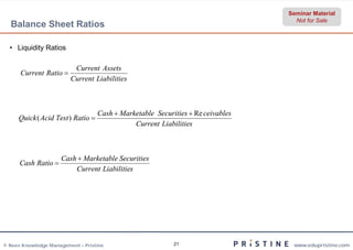 Seminar Material
                                                                                   Not for Sale
  Balance Sheet Ratios

  • Liquidity Ratios

                          Current Assets
      Current Ratio 
                         Current Liabilities



                                   Cash  Marketable Securities  Re ceivables
     Quick ( Acid Test ) Ratio 
                                              Current Liabilities



                     Cash  Marketable Securities
      Cash Ratio 
                         Current Liabilities




© Neev Knowledge Management – Pristine                     21                     www.edupristine.com
 