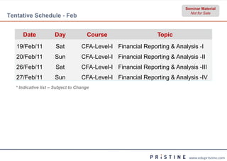 Seminar Material
                                                                            Not for Sale
Tentative Schedule - Feb


      Date            Day              Course                   Topic
   19/Feb/11           Sat          CFA-Level-I Financial Reporting & Analysis -I
   20/Feb/11          Sun           CFA-Level-I Financial Reporting & Analysis -II
   26/Feb/11           Sat          CFA-Level-I Financial Reporting & Analysis -III
   27/Feb/11          Sun           CFA-Level-I Financial Reporting & Analysis -IV
   * Indicative list – Subject to Change




                                                                            www.edupristine.com
 