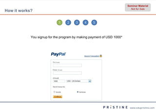 Seminar Material
                                                                          Not for Sale
How it works?

                             1    2     3    4    5



            You signup for the program by making payment of USD 1000*




                                                                         www.edupristine.com
 