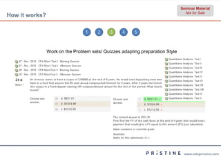 Seminar Material
                                                                                 Not for Sale
How it works?

                                 1     2     3    4     5



                Work on the Problem sets/ Quizzes adapting preparation Style




                                                                                www.edupristine.com
 