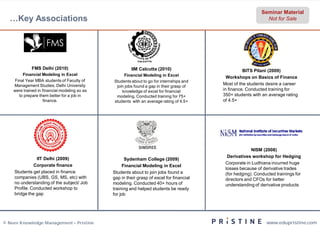 Seminar Material
  …Key Associations                                                                                             Not for Sale




             FMS Delhi (2010)                           IIM Calcutta (2010)                          BITS Pilani (2009)
        Financial Modeling in Excel                 Financial Modeling in Excel
                                                                                             Workshops on Basics of Finance
    Final Year MBA students of Faculty of      Students about to go for internships and
    Management Studies, Delhi University                                                   Most of the students desire a career
                                                join jobs found a gap in their grasp of
    were trained in financial modeling so as       knowledge of excel for financial        in finance. Conducted training for
      to prepare them better for a job in       modeling. Conducted training for 75+       350+ students with an average rating
                    finance.                   students with an average rating of 4.5+     of 4.5+




                                                                                                         NISM (2008)
                                                                                             Derivatives workshop for Hedging
               IIT Delhi (2009)                       Sydenham College (2009)
                                                                                            Corporate in Ludhiana incurred huge
              Corporate finance                      Financial Modeling in Excel
                                                                                            losses because of derivative trades
    Students get placed in finance             Students about to join jobs found a          (for hedging). Conducted trainings for
    companies (UBS, GS, MS, etc) with          gap in their grasp of excel for financial    directors and CFOs for better
    no understanding of the subject/ Job       modeling. Conducted 40+ hours of             understanding of derivative products
    Profile. Conducted workshop to             training and helped students be ready
    bridge the gap                             for job




© Neev Knowledge Management – Pristine                                                                          www.edupristine.com
 