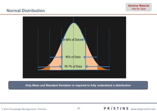 Seminar Material
                                                                                                   Not for Sale
    Normal Distribution




                                                  68% of Data




                                                 95% of Data

                                                 99.7% of Data




                    Only Mean and Standard Deviation is required to fully understand a distribution




© Neev Knowledge Management – Pristine                    17                                          www.edupristine.com
 