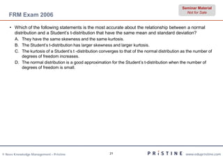 Seminar Material
                                                                                                    Not for Sale
    FRM Exam 2006

    • Which of the following statements is the most accurate about the relationship between a normal
      distribution and a Student’s t-distribution that have the same mean and standard deviation?
       A. They have the same skewness and the same kurtosis.
       B. The Student’s t-distribution has larger skewness and larger kurtosis.
       C. The kurtosis of a Student’s t -distribution converges to that of the normal distribution as the number of
          degrees of freedom increases.
       D. The normal distribution is a good approximation for the Student’s t-distribution when the number of
          degrees of freedom is small.




© Neev Knowledge Management – Pristine                     21                                       www.edupristine.com
 