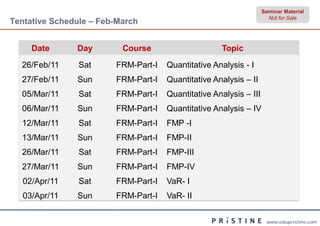 Seminar Material
                                                                         Not for Sale
Tentative Schedule – Feb-March


     Date       Day         Course                      Topic
  26/Feb/11      Sat       FRM-Part-I    Quantitative Analysis - I
  27/Feb/11     Sun        FRM-Part-I    Quantitative Analysis – II
  05/Mar/11      Sat       FRM-Part-I    Quantitative Analysis – III
  06/Mar/11     Sun        FRM-Part-I    Quantitative Analysis – IV
  12/Mar/11 – Subject to Change
  * Indicative list Sat     FRM-Part-I   FMP -I
  13/Mar/11     Sun        FRM-Part-I    FMP-II
  26/Mar/11      Sat       FRM-Part-I    FMP-III
  27/Mar/11     Sun        FRM-Part-I    FMP-IV
   02/Apr/11     Sat       FRM-Part-I    VaR- I
   03/Apr/11    Sun        FRM-Part-I    VaR- II


                                                                        www.edupristine.com
 