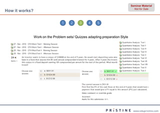 Seminar Material
                                                                                 Not for Sale
How it works?

                                 1     2     3    4     5



                Work on the Problem sets/ Quizzes adapting preparation Style




                                                                                www.edupristine.com
 