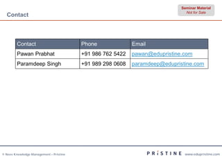 Seminar Material
                                                                               Not for Sale
  Contact



        Contact                          Phone              Email
        Pawan Prabhat                    +91 986 762 5422   pawan@edupristine.com
        Paramdeep Singh                  +91 989 298 0608   paramdeep@edupristine.com




© Neev Knowledge Management – Pristine                                        www.edupristine.com
 