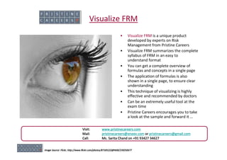 Visualize FRM
                                                               •     Visualize FRM is a unique product
                                                                     developed by experts on Risk
                                                                     Management from Pristine Careers
                                                               •     Visualize FRM summarizes the complete
                                                                     syllabus of FRM in an easy to
                                                                     understand format
                                                               •     You can get a complete overview of
                                                                     formulas and concepts in a single page
                                                               •     The application of formulas is also
                      