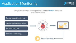 Security Monitoring
Application Monitoring
Performance Monitoring
Fault Monitoring
Configuration Monitoring
Our goal is to detect and respond to a problem before end users
even know it exists
Instant Reaction
 