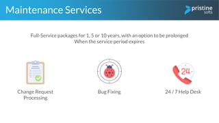 Change Request
Processing
Maintenance Services
Full-Service packages for 1, 5 or 10 years, with an option to be prolonged
When the service period expires
Bug Fixing 24 / 7 Help Desk
 