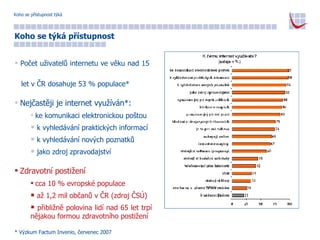 Koho se přístupnost týká Počet uživatelů internetu ve věku nad 15  let v ČR dosahuje 53 % populace* Nejčastěji je internet využíván*: ke komunikaci elektronickou poštou k vyhledávání praktických informací k vyhledávání nových poznatků jako zdroj zpravodajství Zdravotní postižení cca 10 % evropské populace až 1,2 mil občanů v ČR (zdroj ČSÚ) přibližně polovina lidí nad 65 let trpí nějakou formou zdravotního postižení * Výzkum Factum Invenio, červenec 2007 Koho se týká přístupnost 