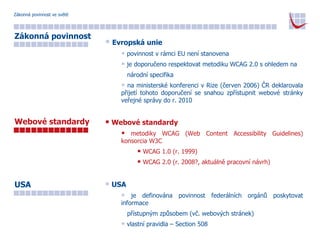 Zákonná povinnost ve světě Evropská unie povinnost v rámci EU není stanovena je doporučeno respektovat metodiku WCAG 2.0 s ohledem na  národní specifika na ministerské konferenci v Rize (červen 2006) ČR deklarovala přijetí tohoto doporučení se snahou zpřístupnit webové stránky veřejné správy do r. 2010 Webové standardy metodiky WCAG (Web Content Accessibility Guidelines) konsorcia W3C WCAG 1.0 (r. 1999) WCAG 2.0 (r. 2008?, aktuálně pracovní návrh) Zákonná povinnost Webové standardy USA je definována povinnost federálních orgánů poskytovat informace  přístupným způsobem (vč. webových stránek) vlastní pravidla – Section 508 USA 