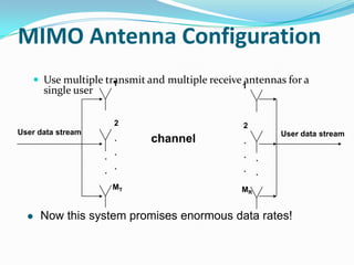 MIMO Antenna Configuration
    Use multiple transmit and multiple receive antennas for a
                    1                          1
      single user

                        2                      2
User data stream                                        User data stream
                        .    channel            .
                        .                       .
                    .                               .
                        .                       .
                    .                               .
                        MT                     MR


     Now this system promises enormous data rates!
 