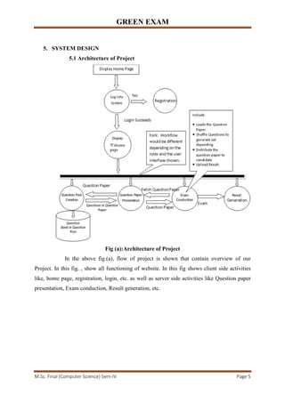 GREEN EXAM
M.Sc. Final (Computer Science) Sem-IV Page 5
5. SYSTEM DESIGN
5.1 Architecture of Project
Fig (a):Architecture of Project
In the above fig.(a), flow of project is shown that contain overview of our
Project. In this fig. , show all functioning of website. In this fig shows client side activities
like, home page, registration, login, etc. as well as server side activities like Question paper
presentation, Exam conduction, Result generation, etc.
 