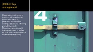 Relationship
management
Mapping the requirement of
institutions & providing best
products and services;
generating business from
existing accounts and achieving
profitability growth.
Managing relationships with
internal sales team as well as
with the principal companies to
drive business effectively.
 