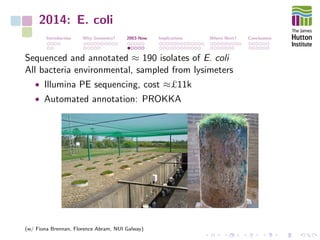 2014: E. coli
Introduction Why Genomics? 2003-Now Implications Where Next? Conclusions
Sequenced and annotated ≈ 190 isolates of E. coli
All bacteria environmental, sampled from lysimeters
• Illumina PE sequencing, cost ≈£11k
• Automated annotation: PROKKA
(w/ Fiona Brennan, Florence Abram, NUI Galway)
 