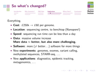 So what’s changed?
Introduction Why Genomics? 2003-Now Implications Where Next? Conclusions
Everything.
• Cost: £250k → £60 per genome.
• Location: sequencing centre, to benchtop (Nanopore!)
• Speed: sequencing run time can be less than a day
• Data: massive volume increase
More data ≈ better, but also more challenging.
• Software: more (= better. . .) software for more things
• New experiments: genomes, exomes, variant calling,
methylated sequences, STARR-seq, . . .
• New applications: diagnostics, epidemic tracking,
metagenomics, . . .
 