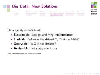 Big Data: New Solutions
Introduction Why Genomics? 2003-Now Implications Where Next? Conclusions
Data quality ≈ data trust:
• Sustainable: storage, archiving, maintenance
• Findable: “where is the dataset?”, “is it available?”
• Queryable: “is X in the dataset?”
• Analysable: metadata, annotation
http://www.slideshare.net/pebourne/sib0114
 