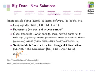 Big Data: New Solutions
Introduction Why Genomics? 2003-Now Implications Where Next? Conclusions
Interoperable digital assets: datasets, software, lab books, etc.
• Uniquely identiﬁed (DOI, PMID, etc.)
• Provenance (version and access control)
• Open standards - what data to keep, how to organise it:
MINSEQE (sequencing), MIAME (microarray), MIASE (simulation), MIAPE
(proteomics), MIARE (RNAi), SBML, GFF3, SAM/BAM/CRAM, etc.
• Sustainable infrastructure for biological information
(ELIXIR, “The Commons” [US], RDF, Open Data)
http://www.slideshare.net/pebourne/sib0114
https://pebourne.wordpress.com/2014/10/07/the-commons/
 