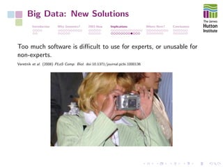 Big Data: New Solutions
Introduction Why Genomics? 2003-Now Implications Where Next? Conclusions
Too much software is diﬃcult to use for experts, or unusable for
non-experts.
Veretnik et al. (2008) PLoS Comp. Biol. doi:10.1371/journal.pcbi.1000136
 