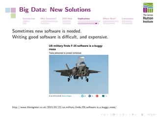 Big Data: New Solutions
Introduction Why Genomics? 2003-Now Implications Where Next? Conclusions
Sometimes new software is needed.
Writing good software is diﬃcult, and expensive.
http://www.theregister.co.uk/2015/01/22/us military ﬁnds f35 software is a buggy mess/
 