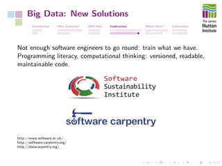 Big Data: New Solutions
Introduction Why Genomics? 2003-Now Implications Where Next? Conclusions
Not enough software engineers to go round: train what we have.
Programming literacy, computational thinking: versioned, readable,
maintainable code.
http://www.software.ac.uk/
http://software-carpentry.org/
http://datacarpentry.org/
 