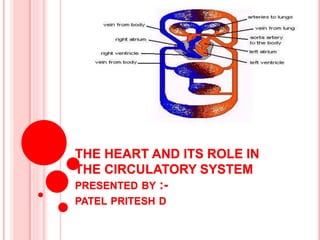THE HEART AND ITS ROLE IN
THE CIRCULATORY SYSTEM
PRESENTED BY :-
PATEL PRITESH D
 